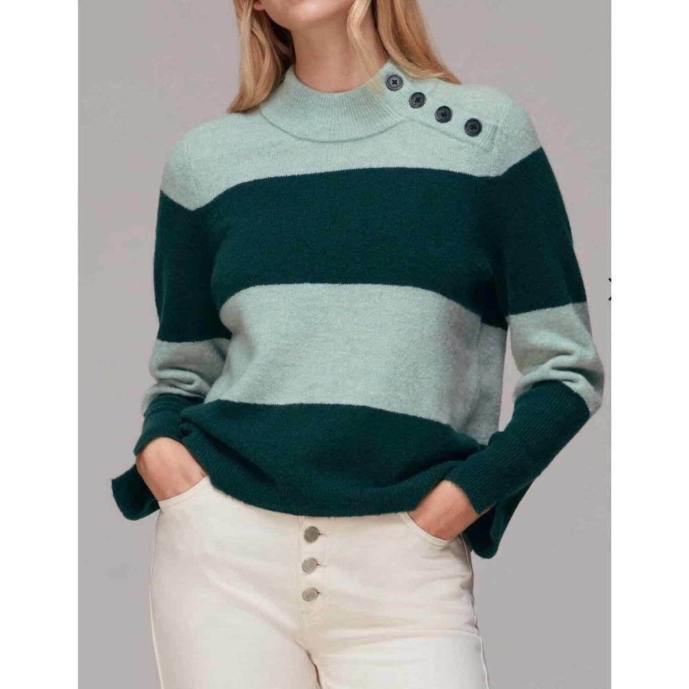 Whistles Stripe Button Neck Jumper Wool Blend Sweater Size Small Green Multi